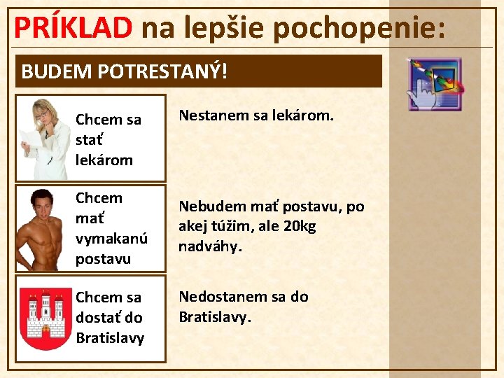 PRÍKLAD na lepšie pochopenie: BUDEM POTRESTANÝ! Chcem sa stať lekárom Nestanem sa lekárom. Chcem