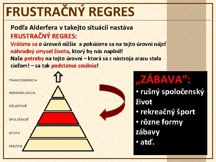 FRUSTRAČNÝ REGRES Podľa Alderfera v takejto situácii nastáva FRUSTRAČNÝ REGRES: Vrátime sa o úroveň