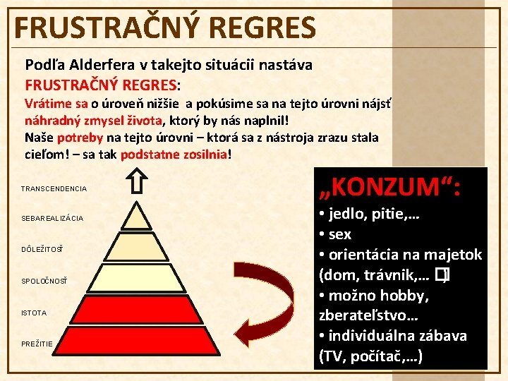 FRUSTRAČNÝ REGRES Podľa Alderfera v takejto situácii nastáva FRUSTRAČNÝ REGRES: Vrátime sa o úroveň