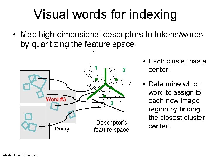 Visual words for indexing • Map high-dimensional descriptors to tokens/words by quantizing the feature