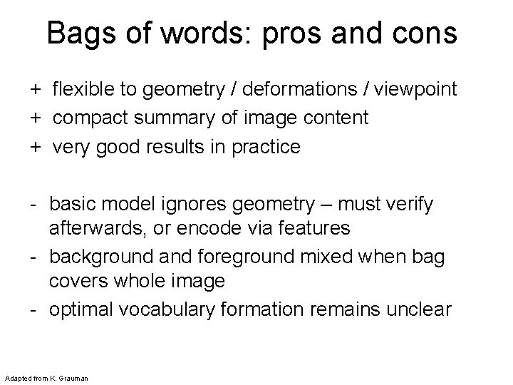Bags of words: pros and cons + flexible to geometry / deformations / viewpoint
