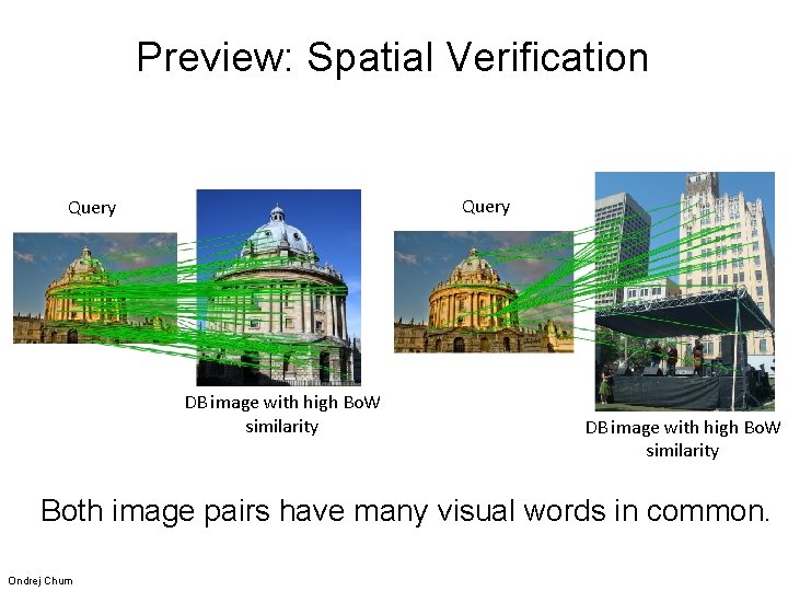 Preview: Spatial Verification Query DB image with high Bo. W similarity Both image pairs