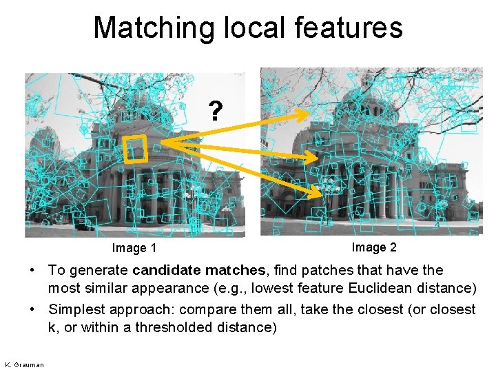 Matching local features ? Image 1 Image 2 • To generate candidate matches, find