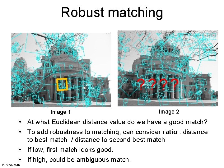 Robust matching ? ? Image 1 Image 2 • At what Euclidean distance value