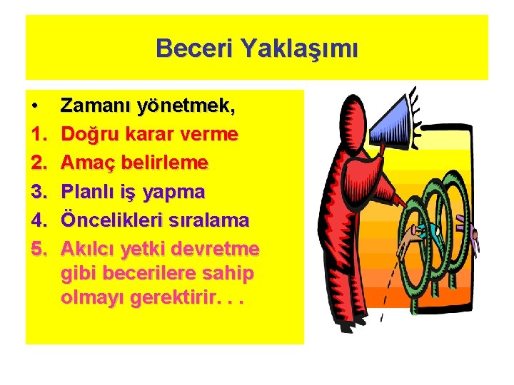 Beceri Yaklaşımı • 1. 2. 3. 4. 5. Zamanı yönetmek, Doğru karar verme Amaç