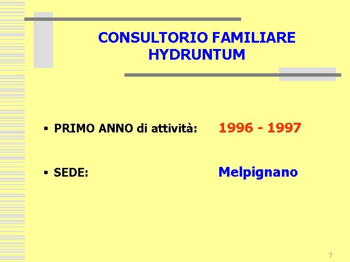 CONSULTORIO FAMILIARE HYDRUNTUM § PRIMO ANNO di attività: 1996 - 1997 § SEDE: Melpignano