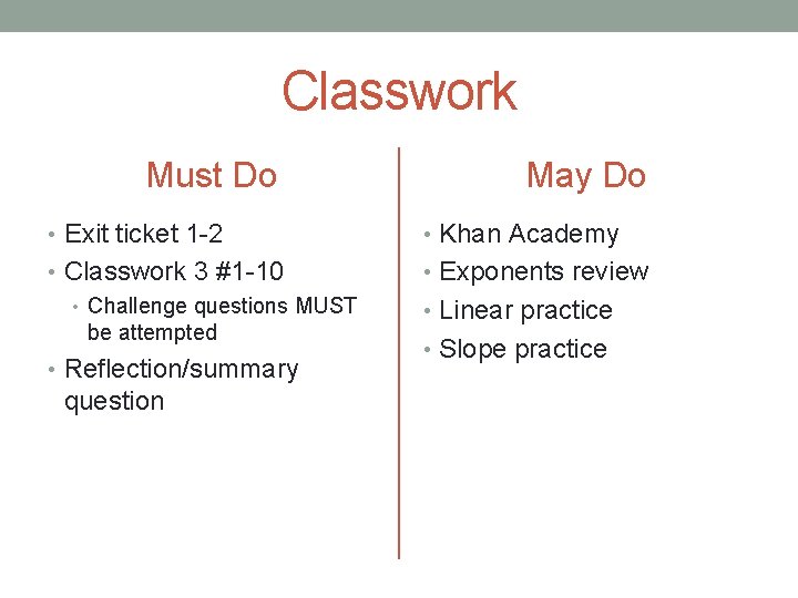 Classwork Must Do May Do • Exit ticket 1 -2 • Khan Academy •