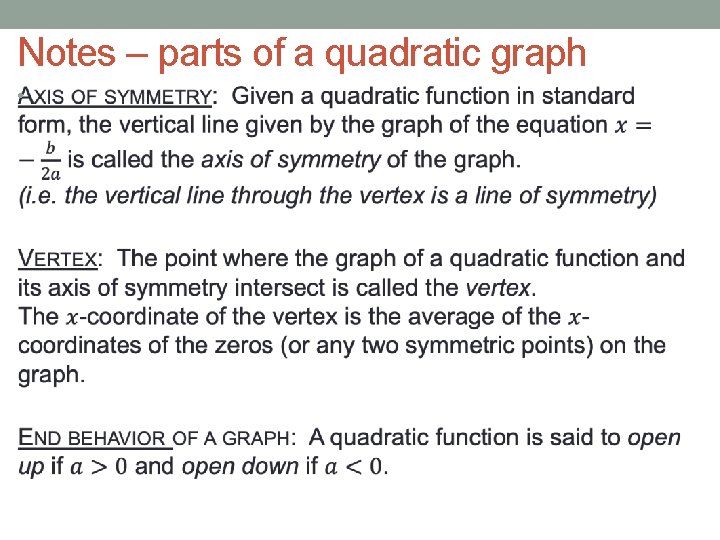 Notes – parts of a quadratic graph • 