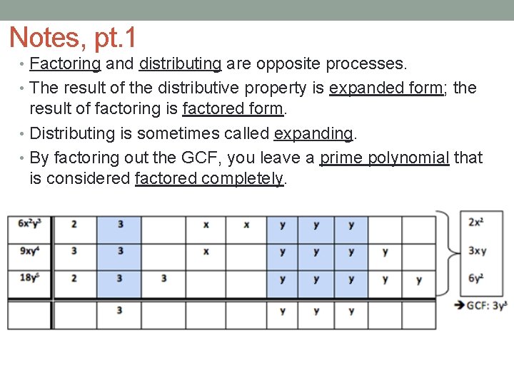 Notes, pt. 1 • Factoring and distributing are opposite processes. • The result of