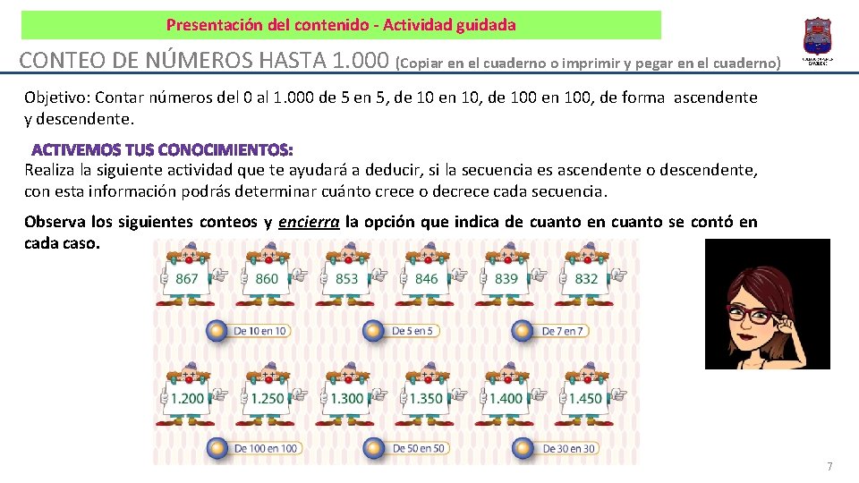 Presentación del contenido - Actividad guidada CONTEO DE NÚMEROS HASTA 1. 000 (Copiar en