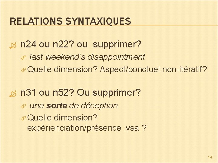 RELATIONS SYNTAXIQUES n 24 ou n 22? ou supprimer? last weekend’s disappointment Quelle dimension?