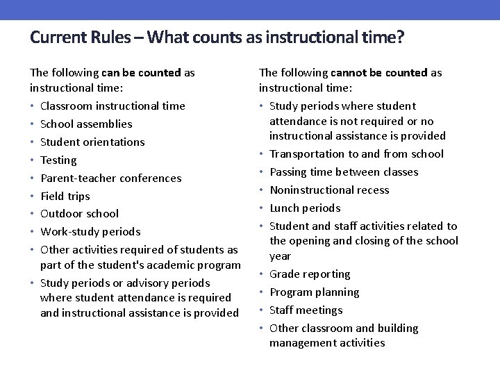 Current Rules – What counts as instructional time? The following can be counted as