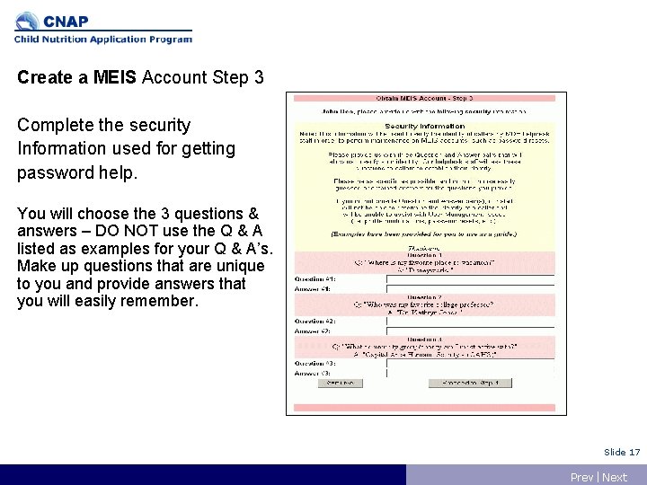 Create a MEIS Account Step 3 Complete the security Information used for getting password