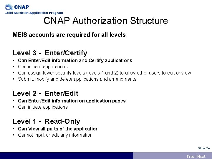 CNAP Authorization Structure MEIS accounts are required for all levels. Level 3 - Enter/Certify