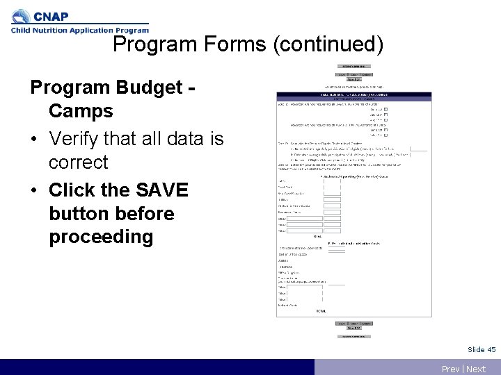 Program Forms (continued) Program Budget Camps • Verify that all data is correct •