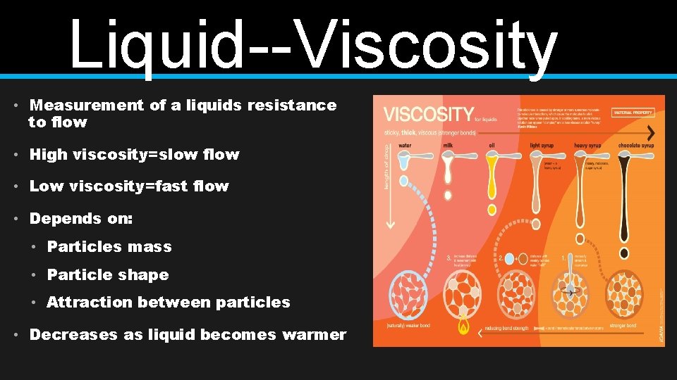 Liquid--Viscosity • Measurement of a liquids resistance to flow • High viscosity=slow flow •