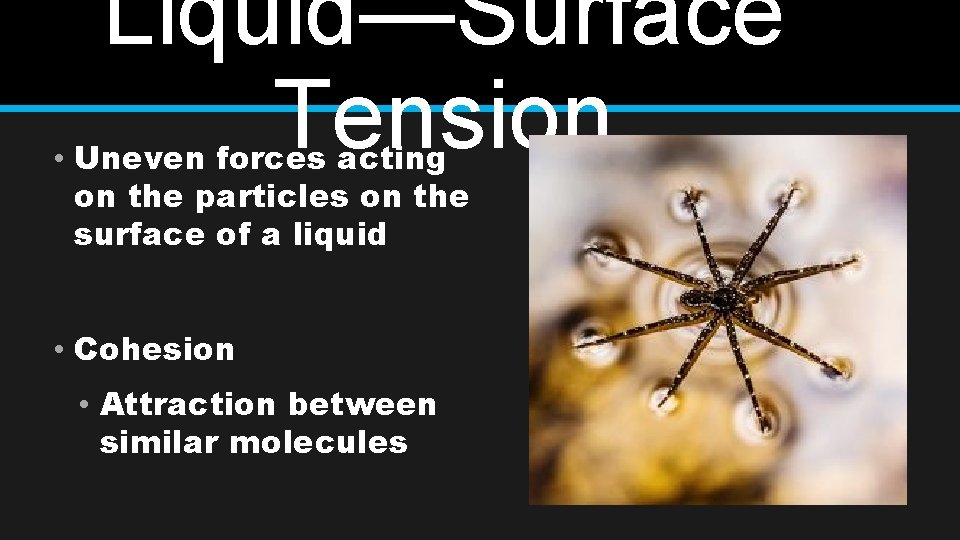 Liquid—Surface Tension • Uneven forces acting on the particles on the surface of a