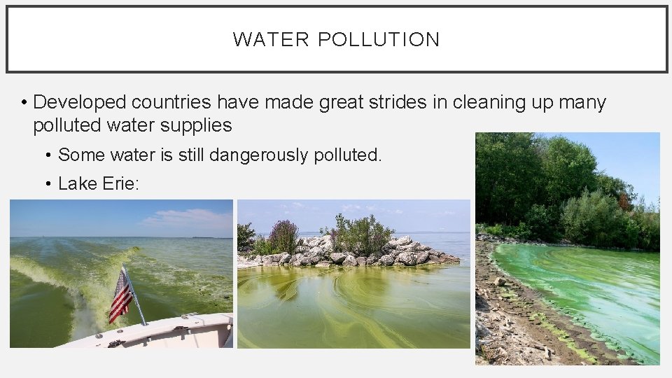 WATER POLLUTION • Developed countries have made great strides in cleaning up many polluted