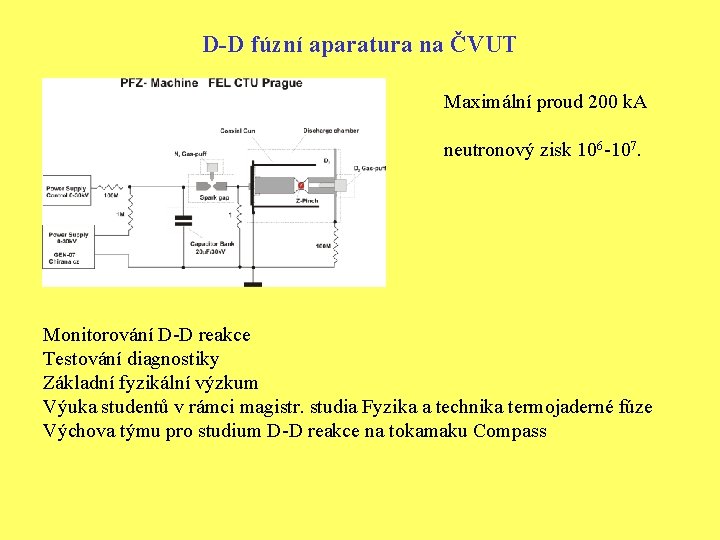 D-D fúzní aparatura na ČVUT Maximální proud 200 k. A neutronový zisk 106 -107.