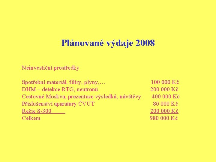 Plánované výdaje 2008 Neinvestiční prostředky Spotřební materiál, filtry, plyny, … DHM – detekce RTG,