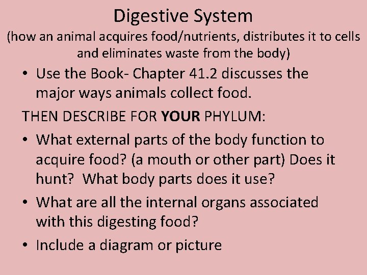 Digestive System (how an animal acquires food/nutrients, distributes it to cells and eliminates waste