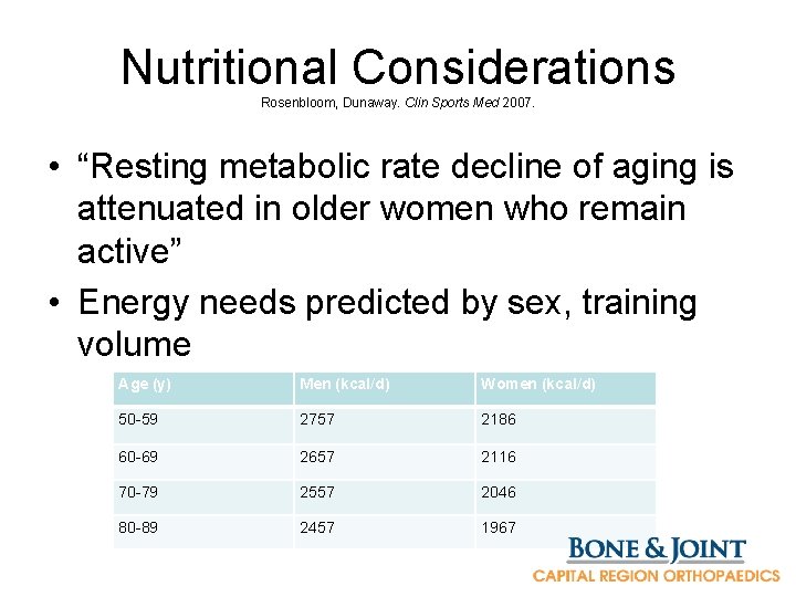 Nutritional Considerations Rosenbloom, Dunaway. Clin Sports Med 2007. • “Resting metabolic rate decline of