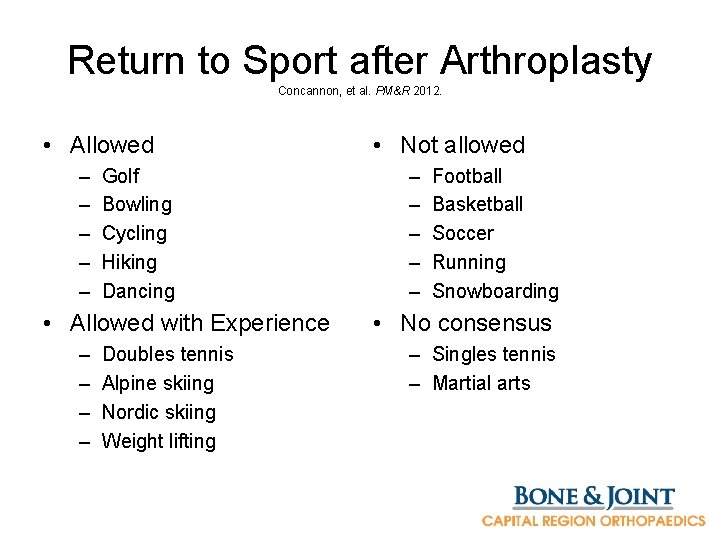 Return to Sport after Arthroplasty Concannon, et al. PM&R 2012. • Allowed – –