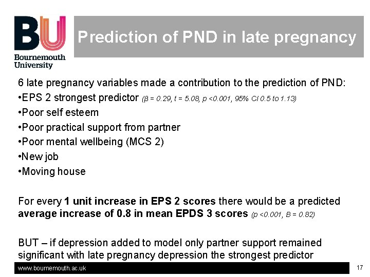 Prediction of PND in late pregnancy 6 late pregnancy variables made a contribution to Prediction of PND in late pregnancy 6 late pregnancy variables made a contribution to