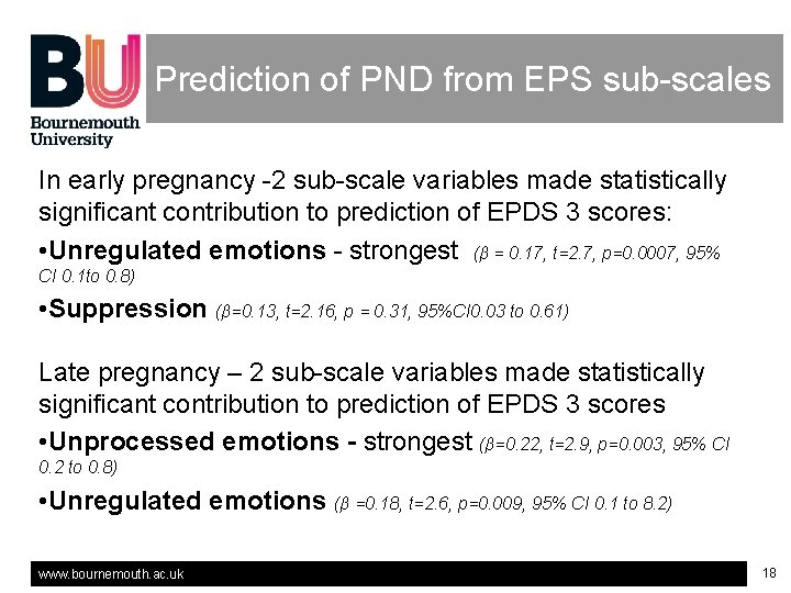 Prediction of PND from EPS sub-scales In early pregnancy -2 sub-scale variables made statistically Prediction of PND from EPS sub-scales In early pregnancy -2 sub-scale variables made statistically
