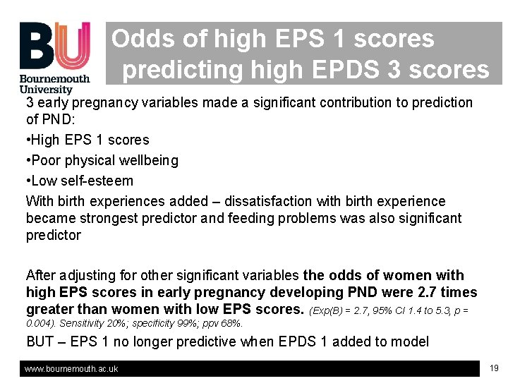 Odds of high EPS 1 scores predicting high EPDS 3 scores 3 early pregnancy Odds of high EPS 1 scores predicting high EPDS 3 scores 3 early pregnancy