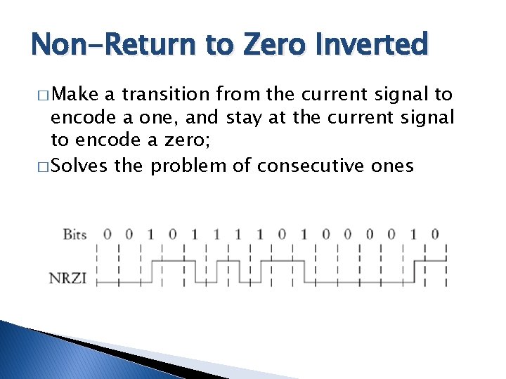 Non-Return to Zero Inverted � Make a transition from the current signal to encode Non-Return to Zero Inverted � Make a transition from the current signal to encode
