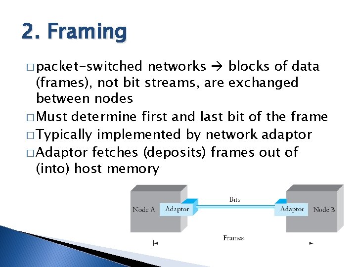 2. Framing � packet-switched networks blocks of data (frames), not bit streams, are exchanged 2. Framing � packet-switched networks blocks of data (frames), not bit streams, are exchanged