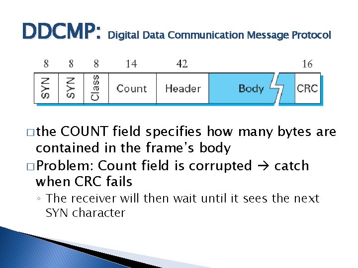 DDCMP: Digital Data Communication Message Protocol � the COUNT field specifies how many bytes DDCMP: Digital Data Communication Message Protocol � the COUNT field specifies how many bytes