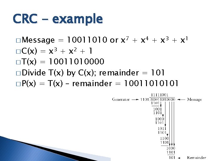 CRC - example � Message = 10011010 or x 7 + x 4 + CRC - example � Message = 10011010 or x 7 + x 4 +
