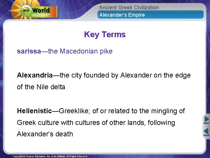 Ancient Greek Civilization Alexander’s Empire Key Terms sarissa—the Macedonian pike Alexandria—the city founded by