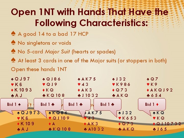 Open 1 NT with Hands That Have the Following Characteristics: ♠ A good 14
