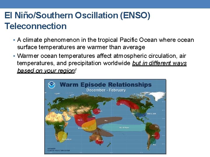 El Niño/Southern Oscillation (ENSO) Teleconnection § A climate phenomenon in the tropical Pacific Ocean