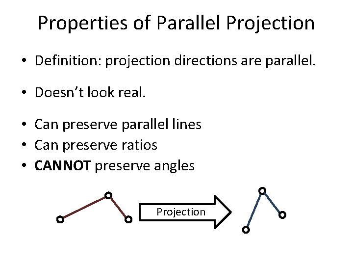 Properties of Parallel Projection • Definition: projection directions are parallel. • Doesn’t look real.
