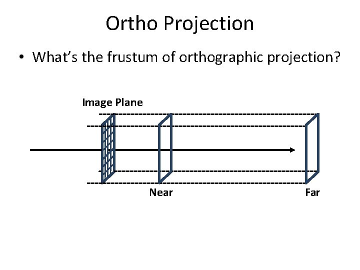 Ortho Projection • What’s the frustum of orthographic projection? Image Plane Near Far 