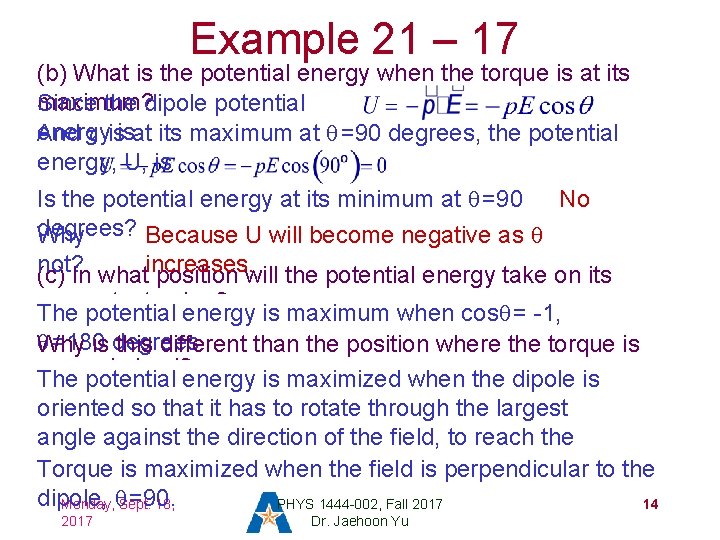 Example 21 – 17 (b) What is the potential energy when the torque is