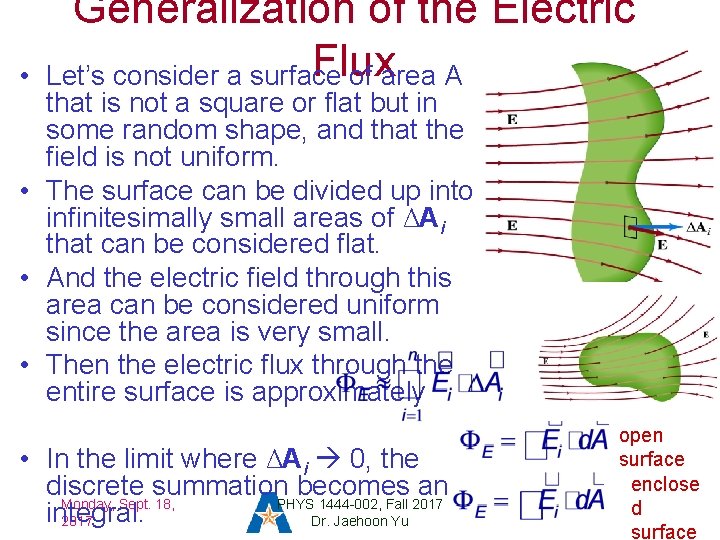  • Generalization of the Electric Flux Let’s consider a surface of area A