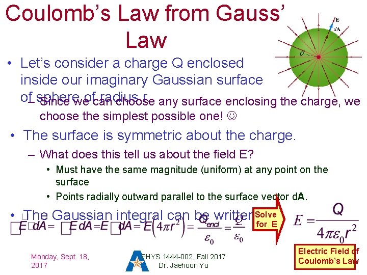 Coulomb’s Law from Gauss’ Law • Let’s consider a charge Q enclosed inside our