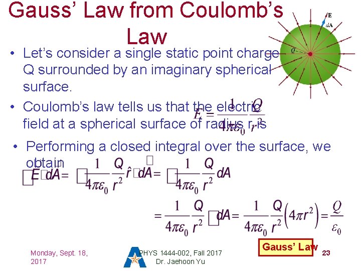 Gauss’ Law from Coulomb’s Law • Let’s consider a single static point charge Q