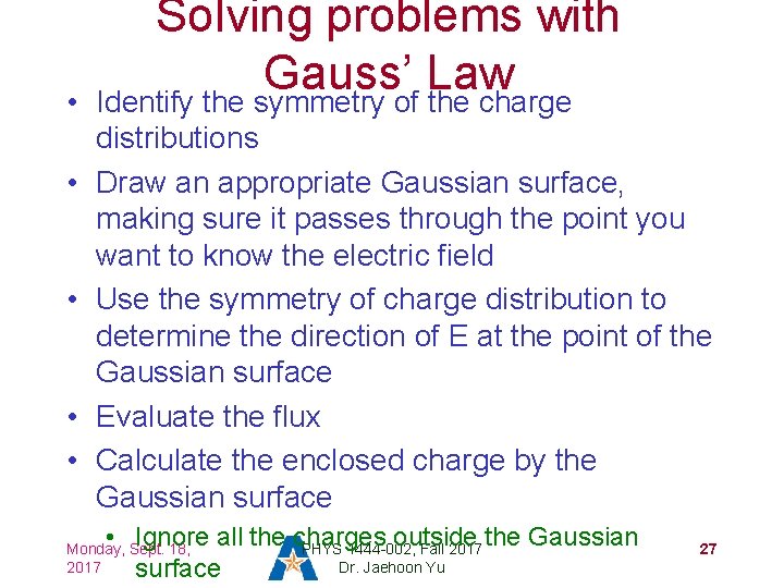  • • • Solving problems with Gauss’ Law Identify the symmetry of the