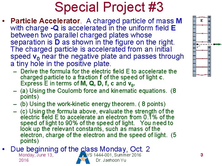 Special Project #3 • Particle Accelerator. A charged particle of mass M with charge
