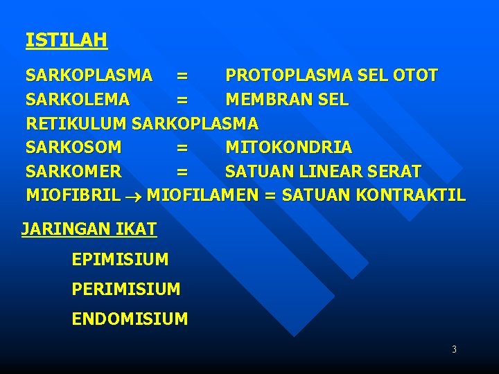 ISTILAH SARKOPLASMA = PROTOPLASMA SEL OTOT SARKOLEMA = MEMBRAN SEL RETIKULUM SARKOPLASMA SARKOSOM =