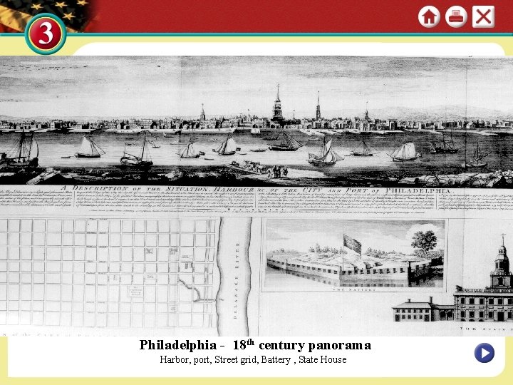 Philadelphia - 18 th century panorama Harbor, port, Street grid, Battery , State House