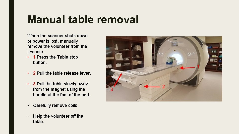 Manual table removal When the scanner shuts down or power is lost, manually remove
