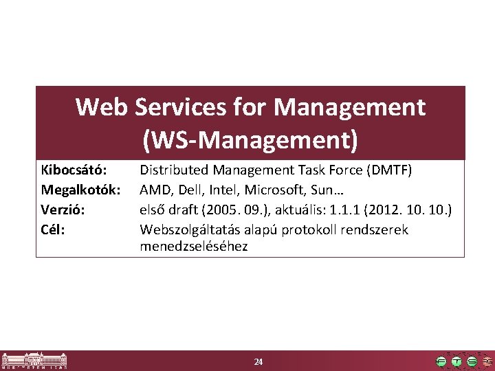 Web Services for Management (WS-Management) Kibocsátó: Megalkotók: Verzió: Cél: Distributed Management Task Force (DMTF)