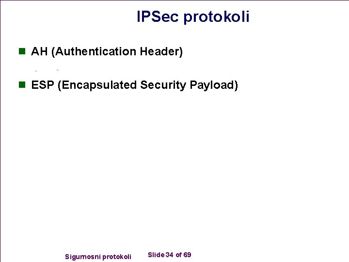 IPSec protokoli n AH (Authentication Header) n ESP (Encapsulated Security Payload) Sigurnosni protokoli Slide
